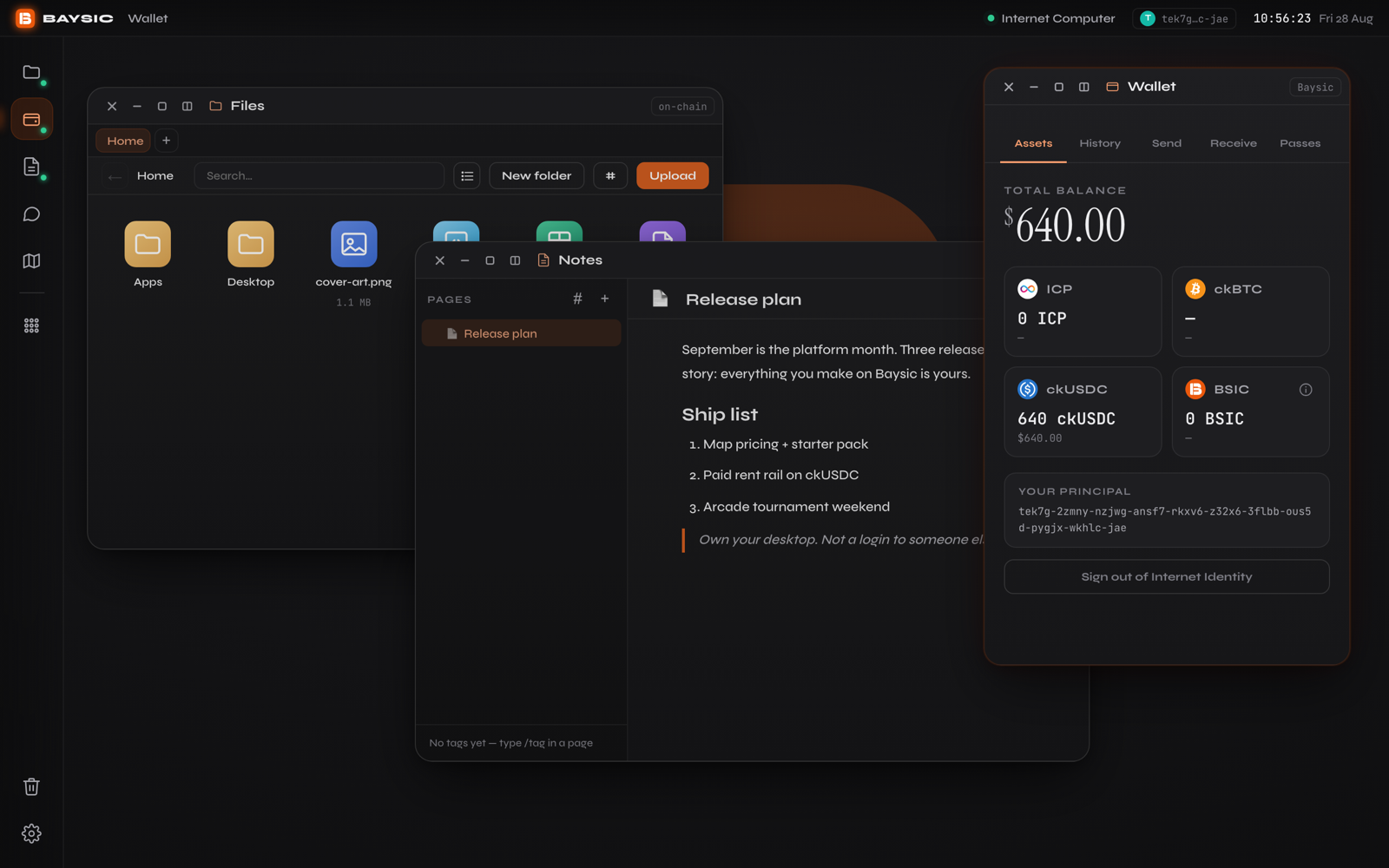The Baysic desktop running: Files, Notes and Wallet windows open over the B-mark wallpaper